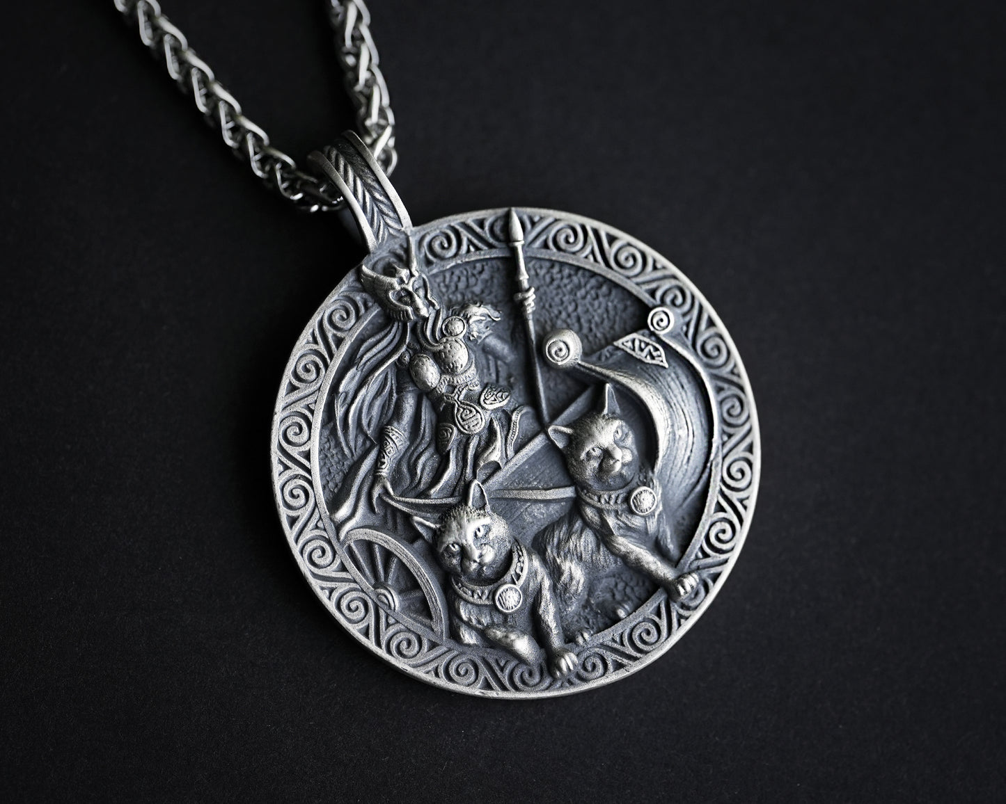Viking Guardian Goddess Freya Valkyrie Shieldmaiden with cats cat Necklace - Norse - Protective Pendant With 22 Inch Stainless Steel Chain