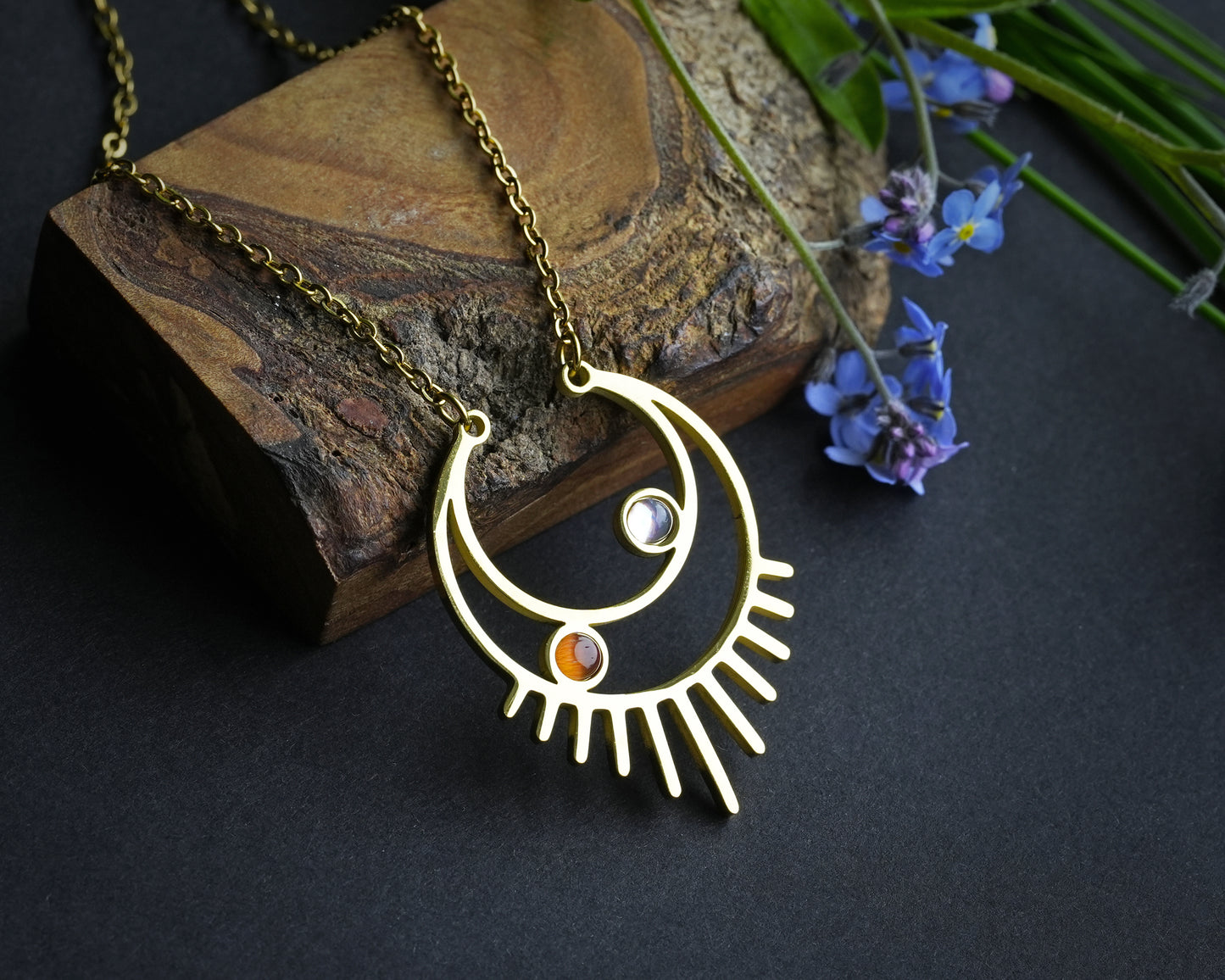 Sun and Moon Rising Woman Empowerment Gold-Plated Necklace with Sunstone and Moonstone - Spiritual Yoga Mindfulness Jewelry in a Gift Box for Women
