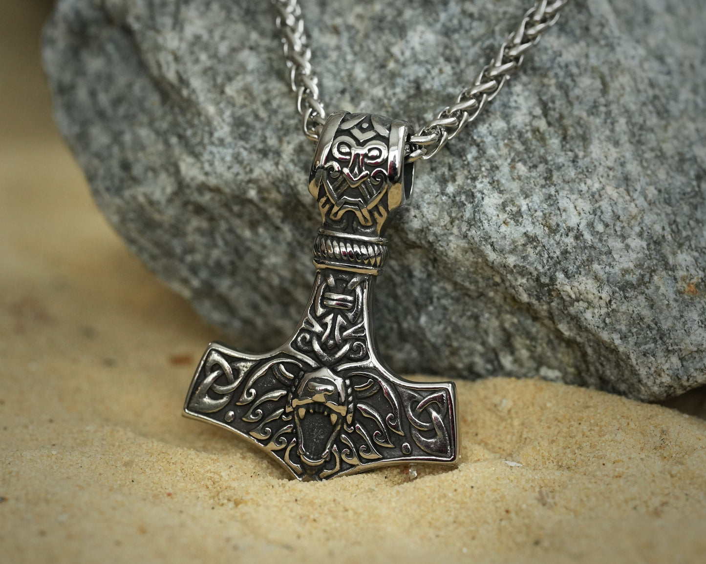 925 Sterling Silver Bear Wolf Viking Thors Hammer Necklace Pendant - Courage and Strength Amulet Talisman - Thor Gifts for Men - Viking - Baldur Jewelry