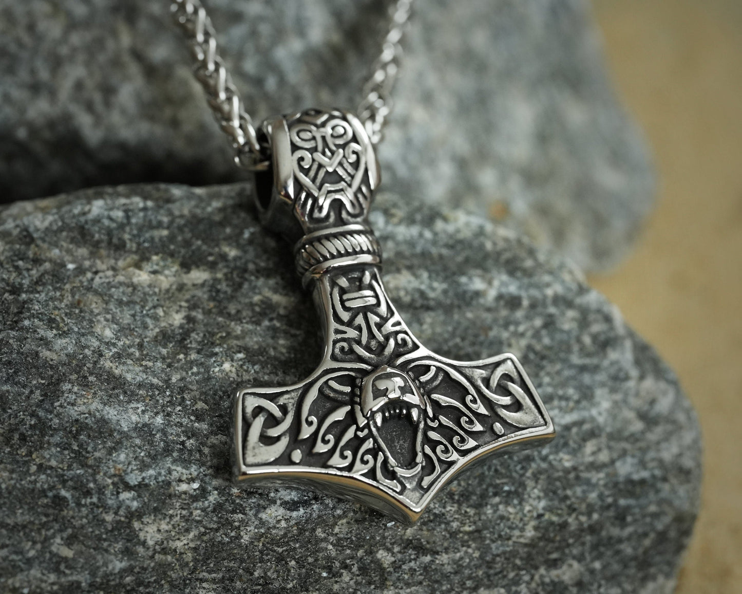 925 Sterling Silver Bear Wolf Viking Thors Hammer Necklace Pendant - Courage and Strength Amulet Talisman - Thor Gifts for Men - Viking - Baldur Jewelry