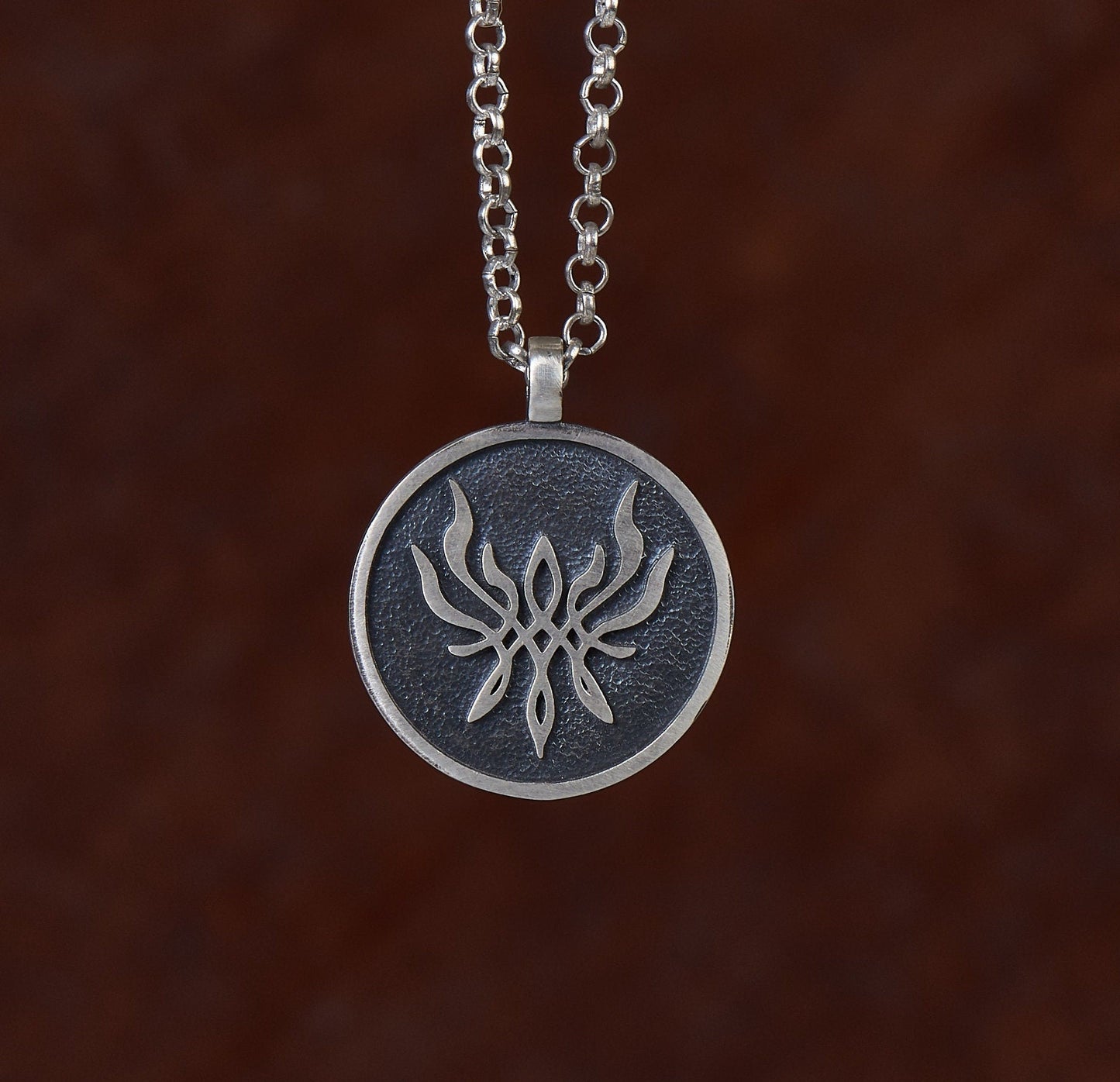 925 Sterling Silver Fire Emblem Crest of Flames Metal Pendant Necklace - Baldur Jewelry