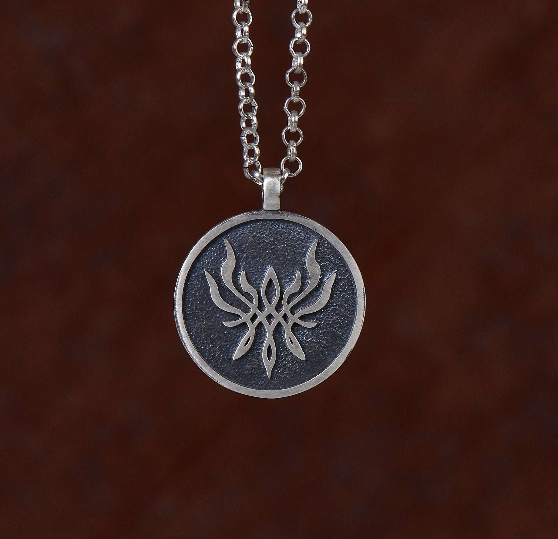 925 Sterling Silver Fire Emblem Crest of Flames Metal Pendant Necklace - Baldur Jewelry