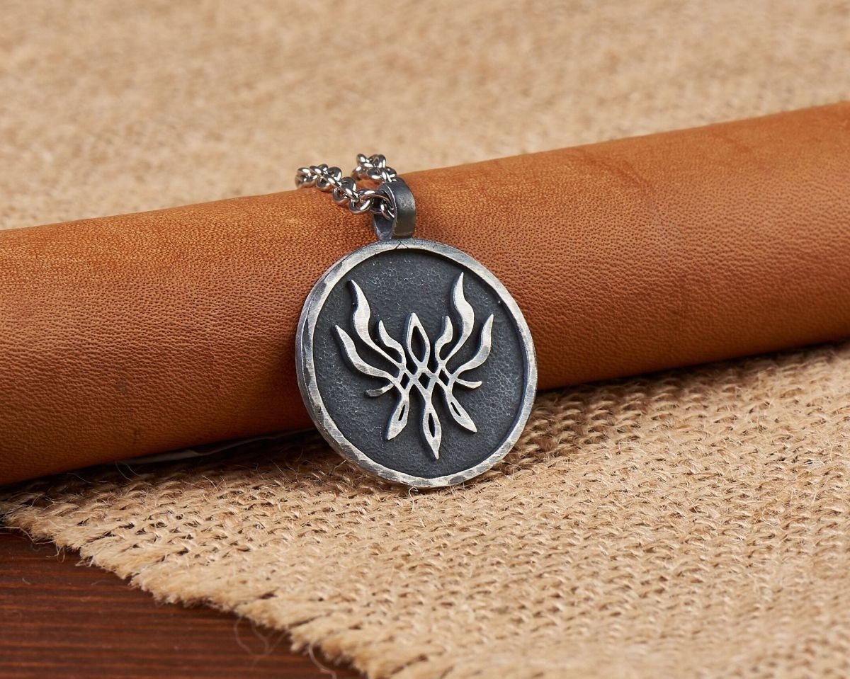 925 Sterling Silver Fire Emblem Crest of Flames Metal Pendant Necklace - Baldur Jewelry