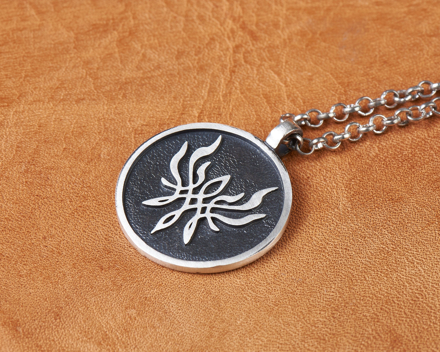 925 Sterling Silver Fire Emblem Crest of Flames Metal Pendant Necklace - Baldur Jewelry