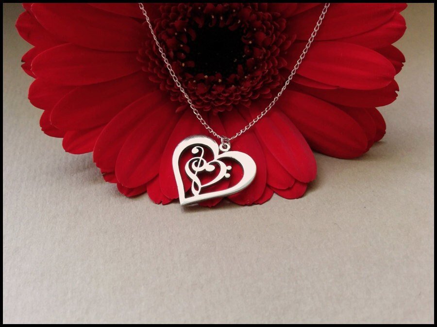 925 Sterling Silver Treble & Bass Clef Heart Necklace - Baldur Jewelry