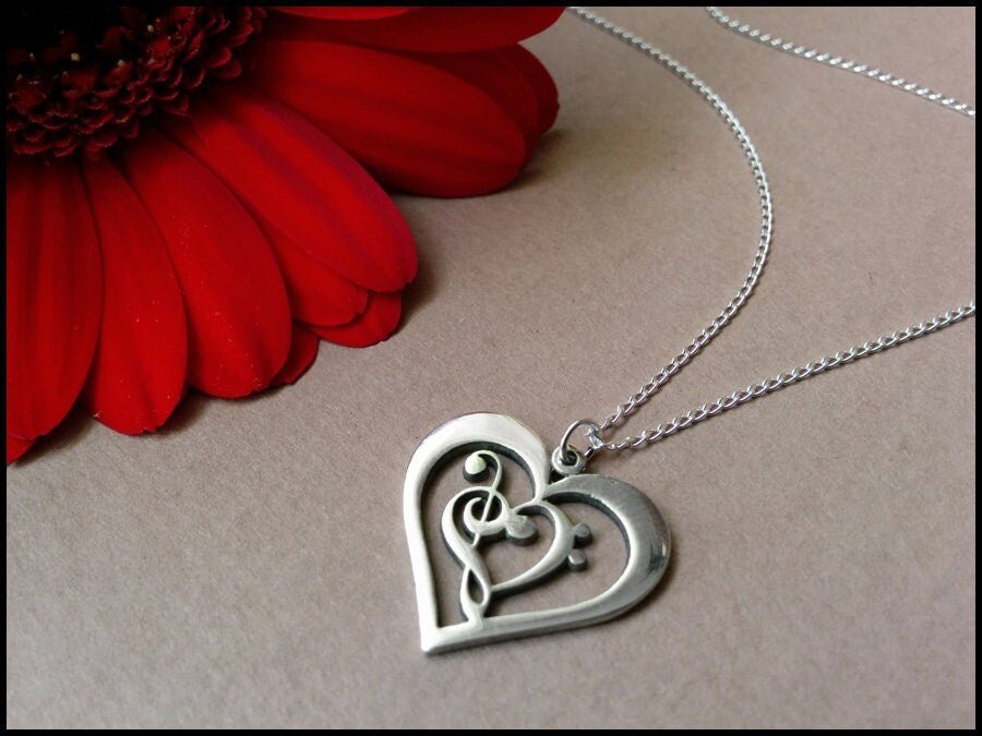 925 Sterling Silver Treble & Bass Clef Heart Necklace - Baldur Jewelry