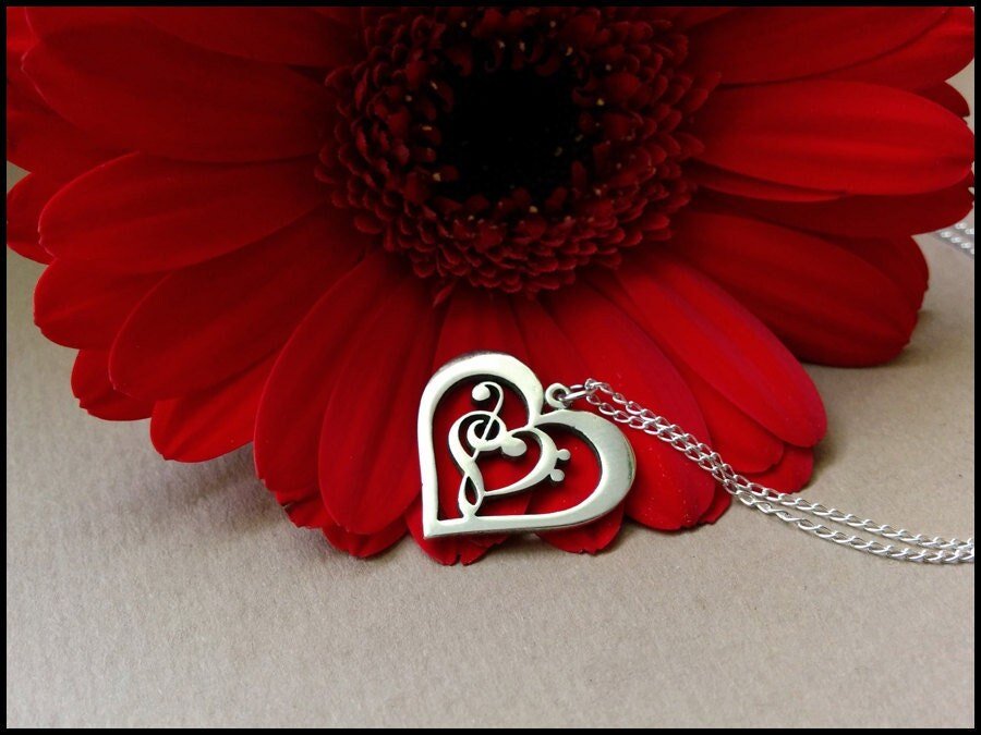 925 Sterling Silver Treble & Bass Clef Heart Necklace - Baldur Jewelry