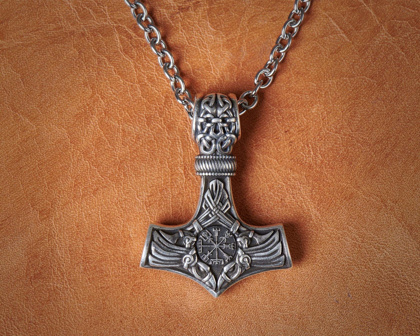 925 Sterling Silver Viking Men Thors Hammer Vegvisir Aegishjalmur Raven Huginn Muninn Mjölnir Pendant Necklace Amulet Talisman Jewelry - Baldur Jewelry
