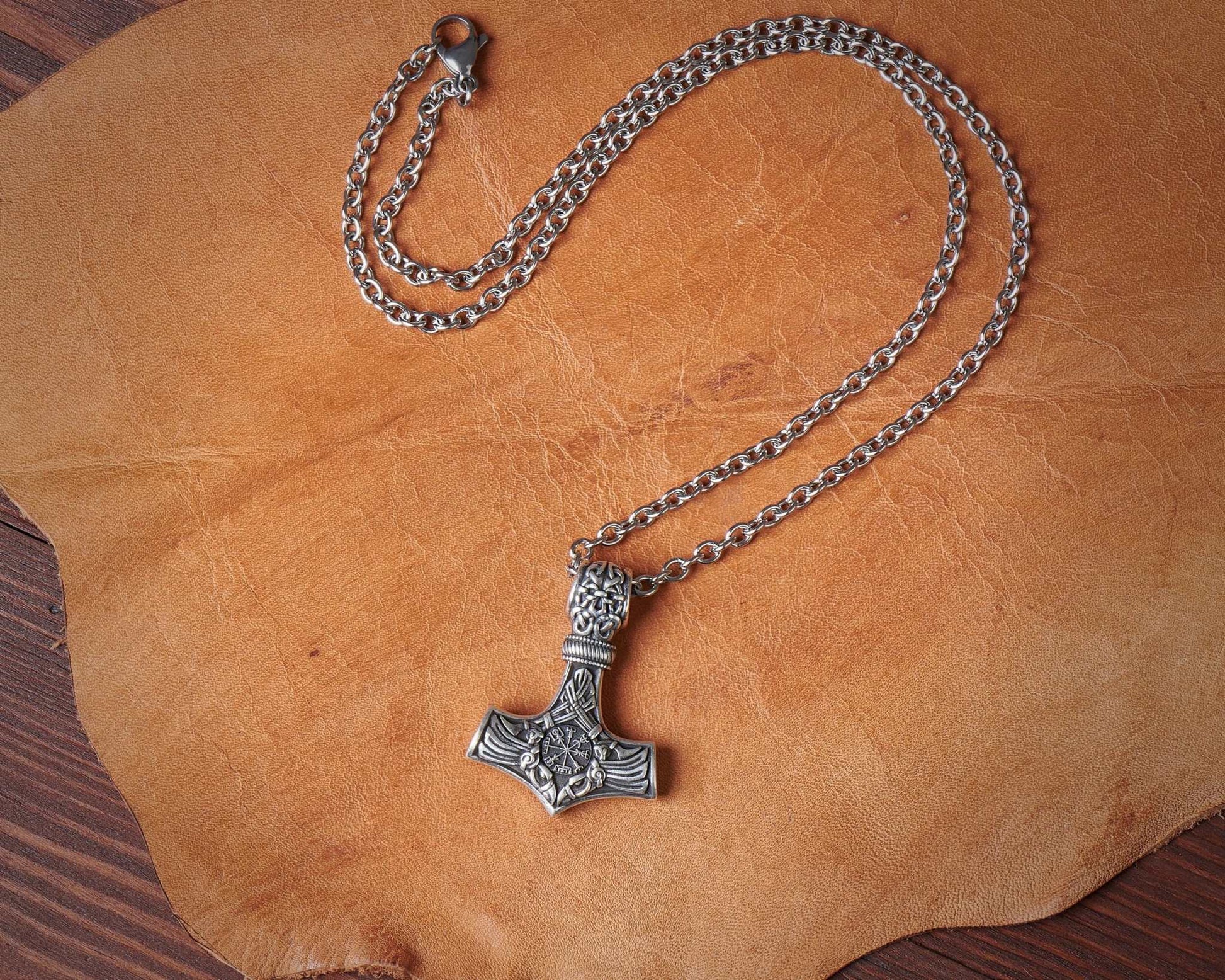 925 Sterling Silver Viking Men Thors Hammer Vegvisir Aegishjalmur Raven Huginn Muninn Mjölnir Pendant Necklace Amulet Talisman Jewelry - Baldur Jewelry