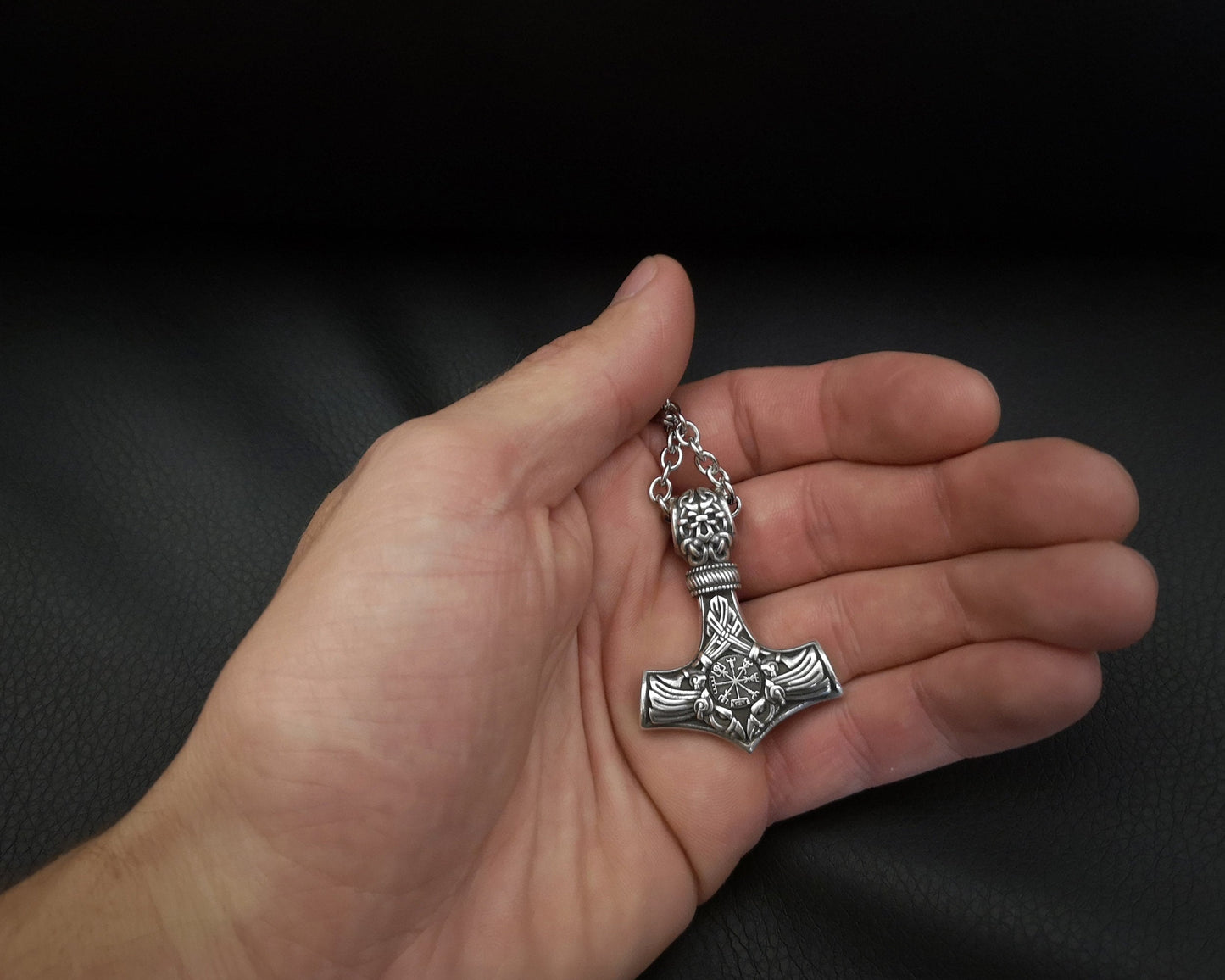 925 Sterling Silver Viking Men Thors Hammer Vegvisir Aegishjalmur Raven Huginn Muninn Mjölnir Pendant Necklace Amulet Talisman Jewelry - Baldur Jewelry