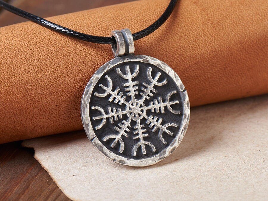 925 Sterling Silver Viking Protection Amulet - Aegishjalmur Helm of Awe, Hand Hammered Norse Pendant Necklace With Adjustable String - Baldur Jewelry
