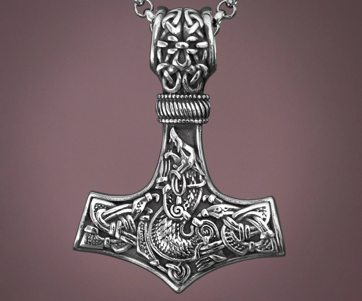 925 Sterling Silver Viking Wolf Fenrir Thor Hammer Thors Mjölnir Mjolnir Necklace Pendant - Baldur Jewelry