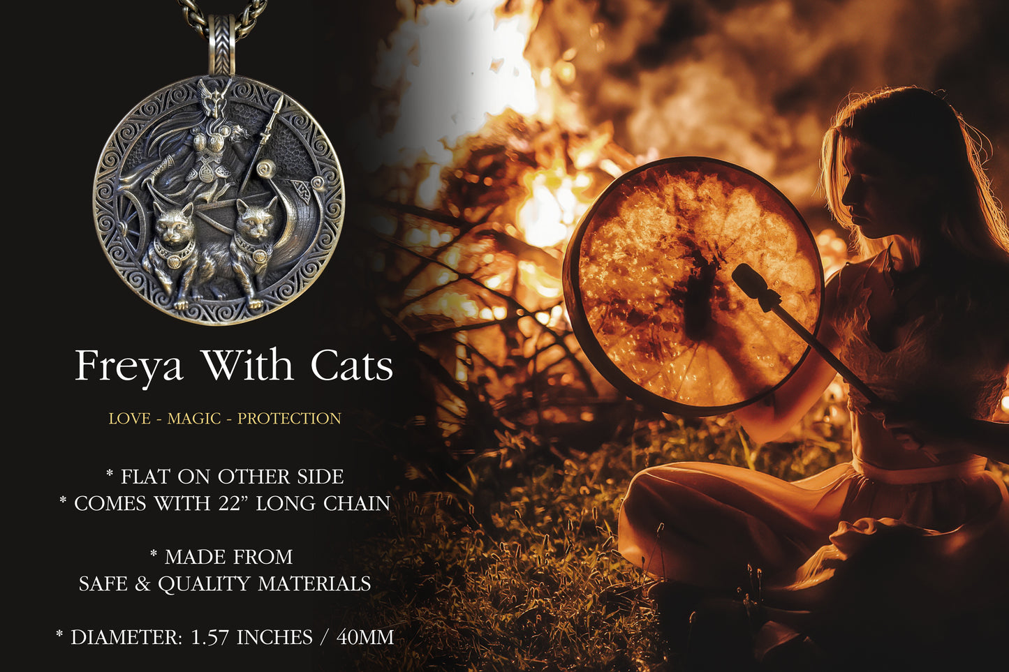 Viking Guardian Goddess Freya Valkyrie Shieldmaiden with cats cat Necklace - Norse - Protective Pendant With 22 Inch Stainless Steel Chain