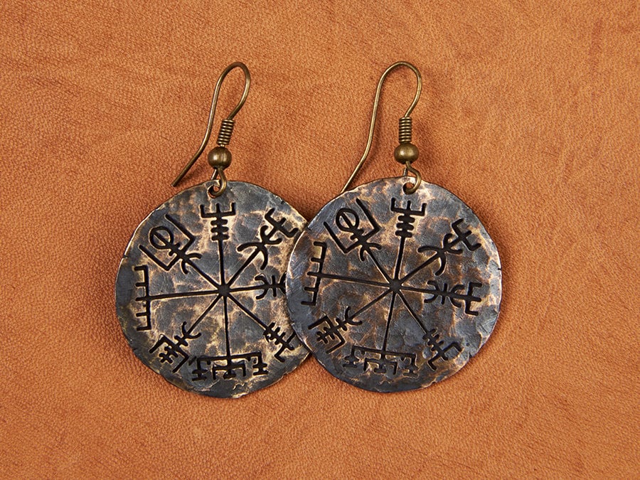 Viking Jewelry Compass Vegvisir Earrings Norse Jewelry Hand Hammered - Baldur Jewelry