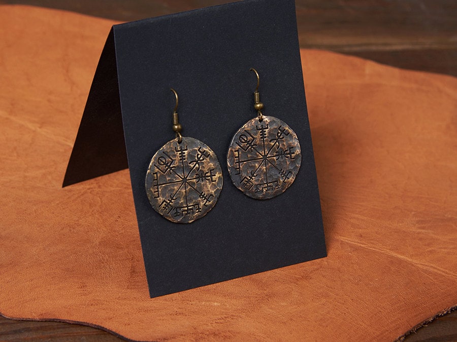 Viking Jewelry Compass Vegvisir Earrings Norse Jewelry Hand Hammered - Baldur Jewelry