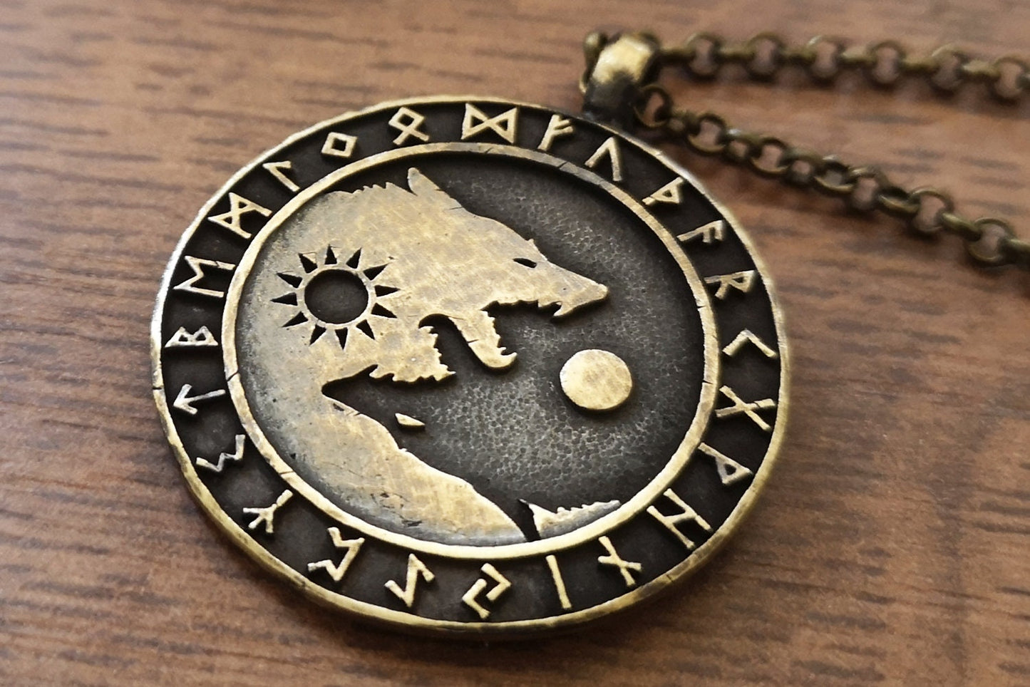 Wolf Necklace Viking Wolves Skoll and Hati Chasing Sun and Moon Balance In Life - Full Set Futhark Runes - Algiz Tiwaz Fenrir Pendant - Baldur Jewelry