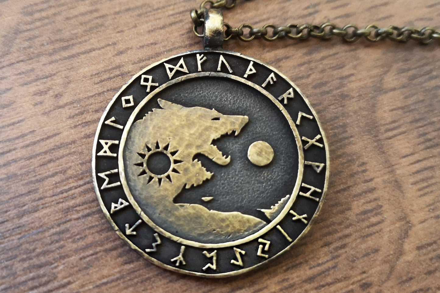 Wolf Necklace Viking Wolves Skoll and Hati Chasing Sun and Moon Balance In Life - Full Set Futhark Runes - Algiz Tiwaz Fenrir Pendant - Baldur Jewelry