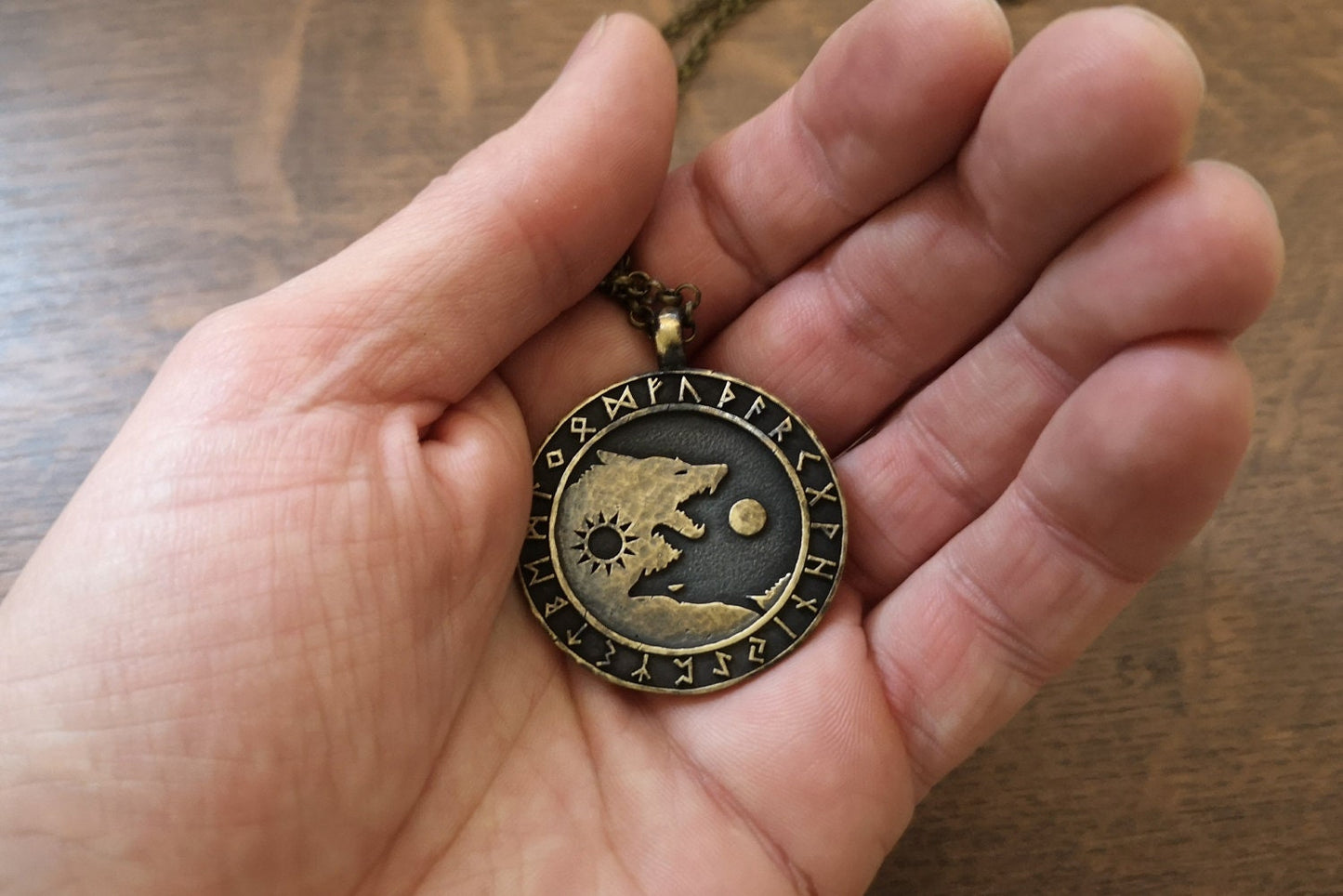 Wolf Necklace Viking Wolves Skoll and Hati Chasing Sun and Moon Balance In Life - Full Set Futhark Runes - Algiz Tiwaz Fenrir Pendant - Baldur Jewelry