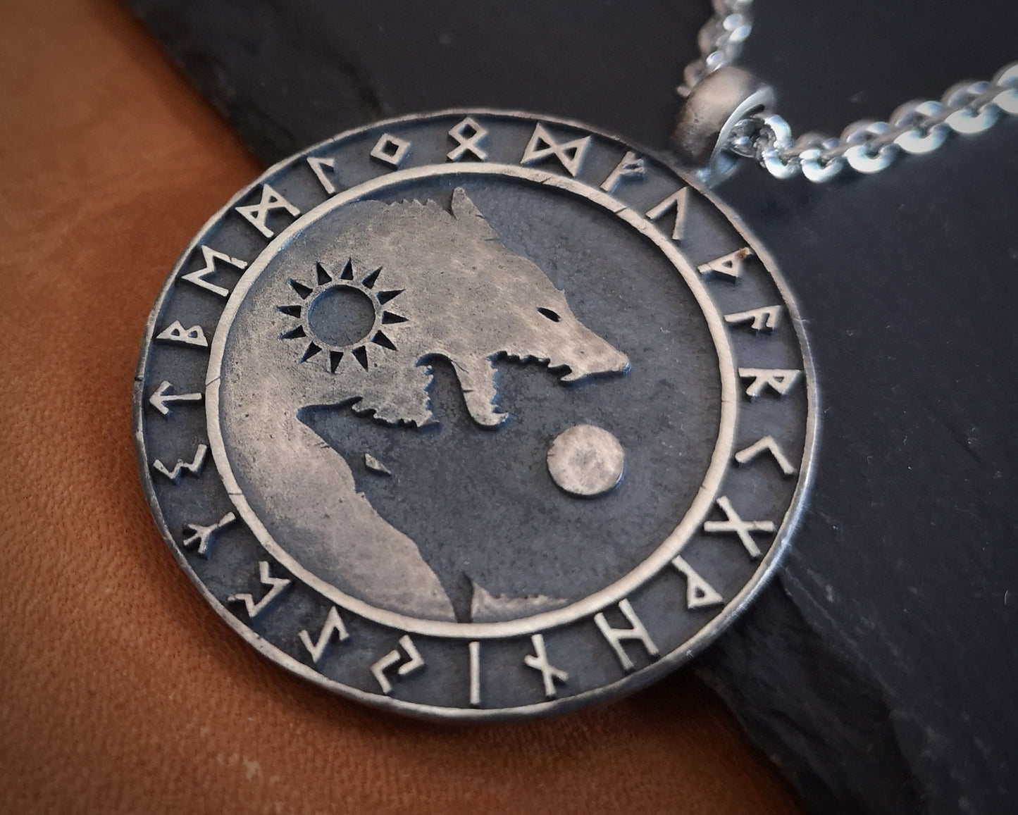 Wolf Necklace Viking Wolves Skoll and Hati Chasing Sun and Moon Balance In Life - Full Set Futhark Runes - Algiz Tiwaz Fenrir Pendant - Baldur Jewelry