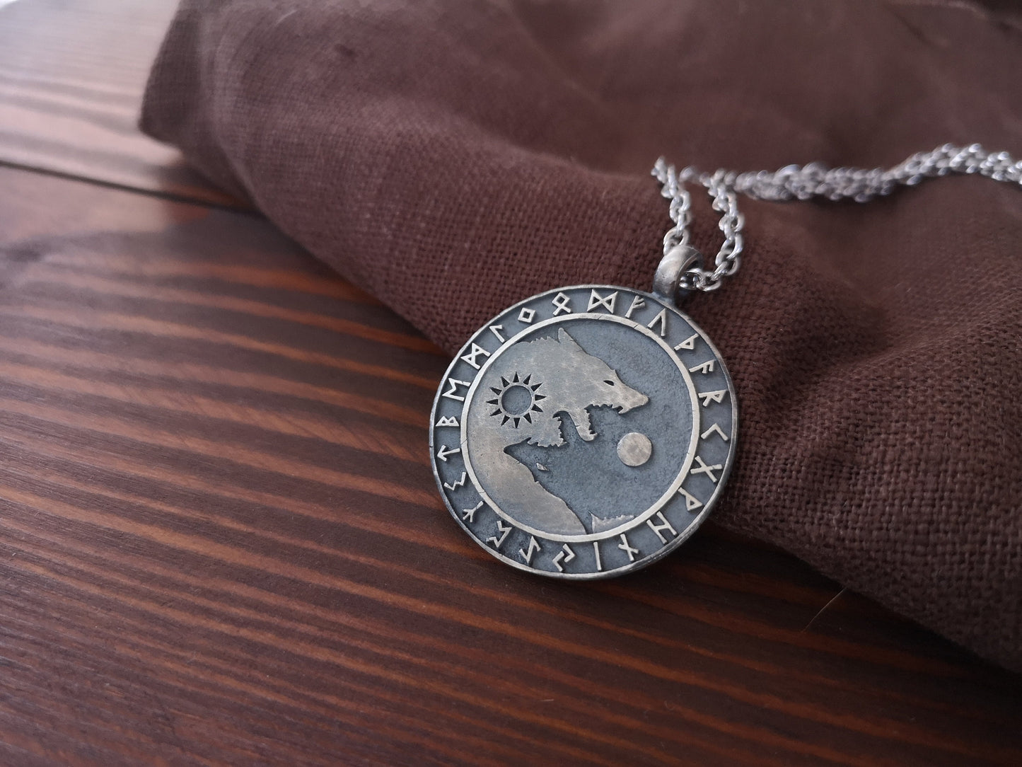 Wolf Necklace Viking Wolves Skoll and Hati Chasing Sun and Moon Balance In Life - Full Set Futhark Runes - Algiz Tiwaz Fenrir Pendant - Baldur Jewelry