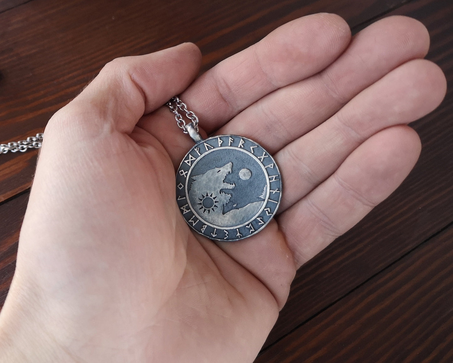 Wolf Necklace Viking Wolves Skoll and Hati Chasing Sun and Moon Balance In Life - Full Set Futhark Runes - Algiz Tiwaz Fenrir Pendant - Baldur Jewelry