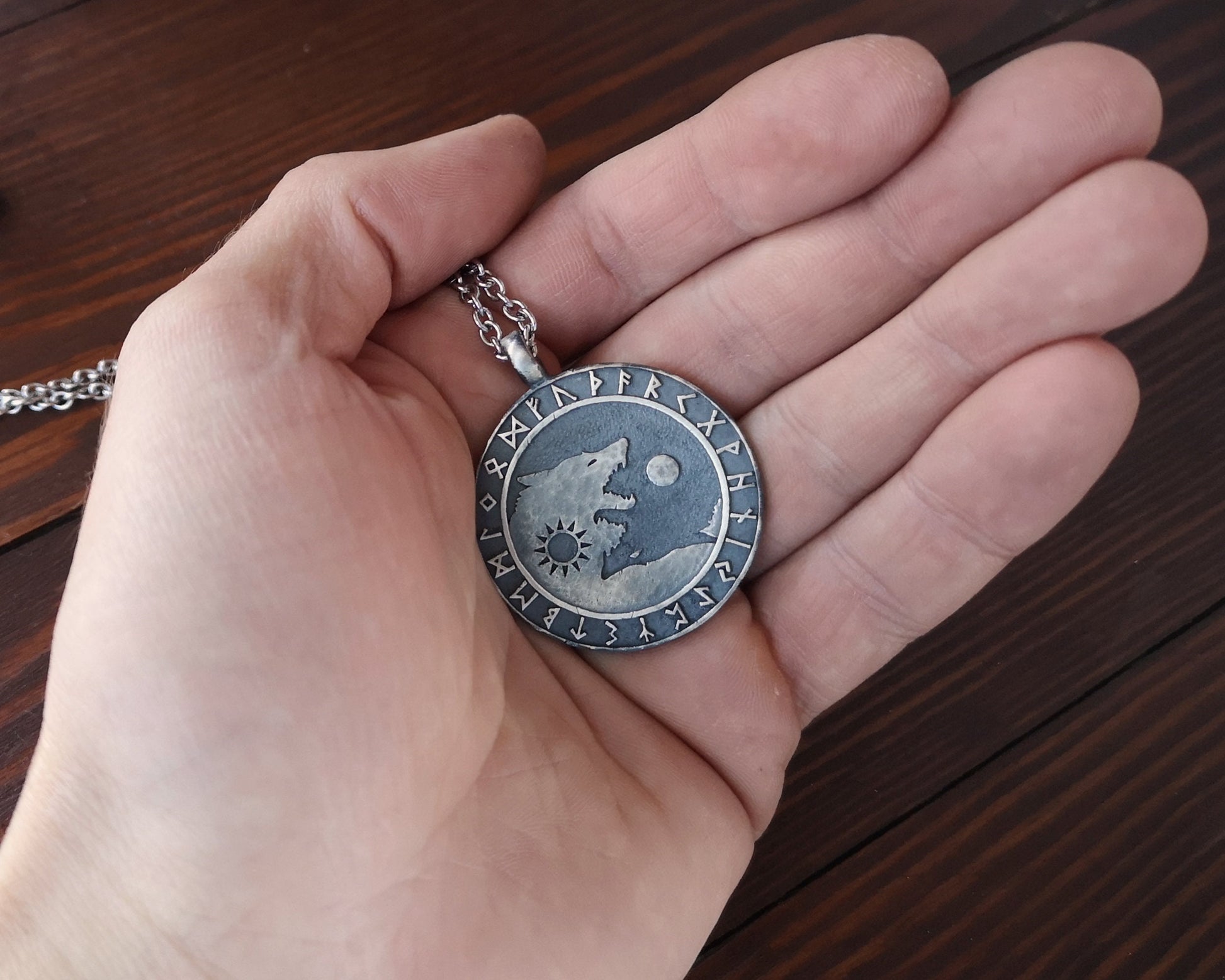 Wolf Necklace Viking Wolves Skoll and Hati Chasing Sun and Moon  Balance In Life - Full Set Futhark Runes - Algiz Tiwaz Fenrir Pendant - Baldur Jewelry