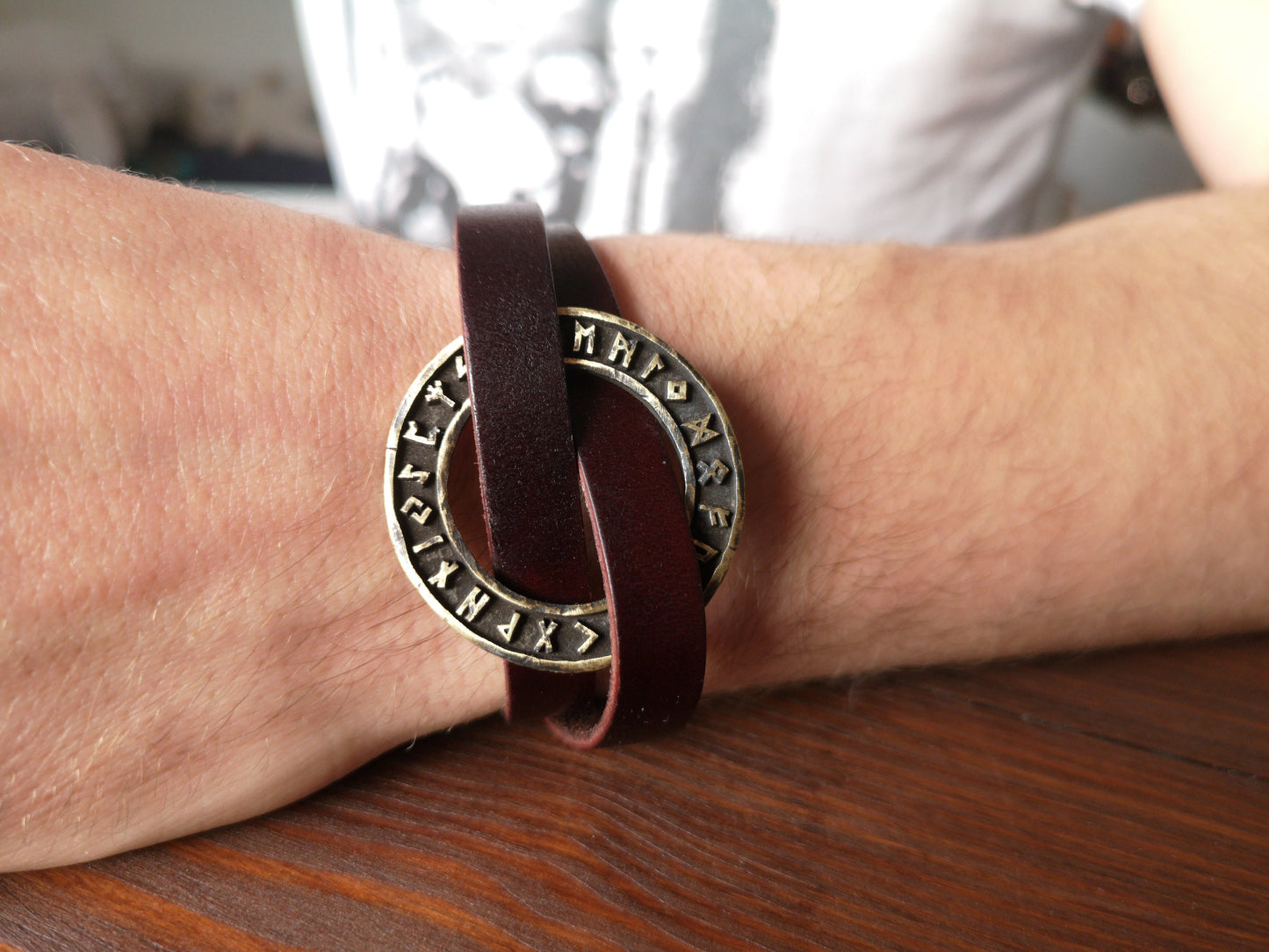 Viking Leather Runic Futhark Bracelet For Men With Stainless Steel Fitting - Baldur Jewelry