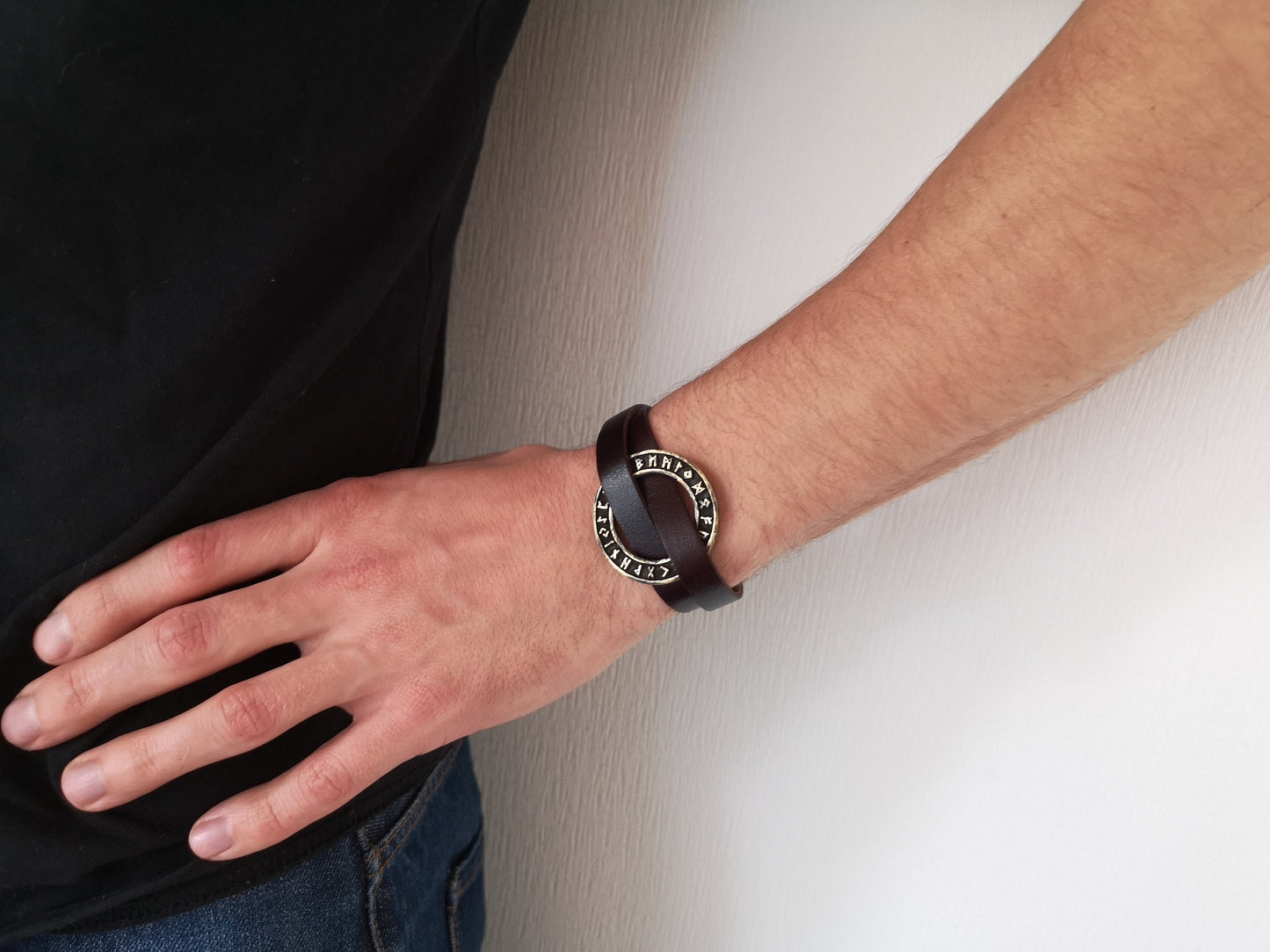 Viking Leather Runic Futhark Bracelet For Men With Stainless Steel Fitting - Baldur Jewelry