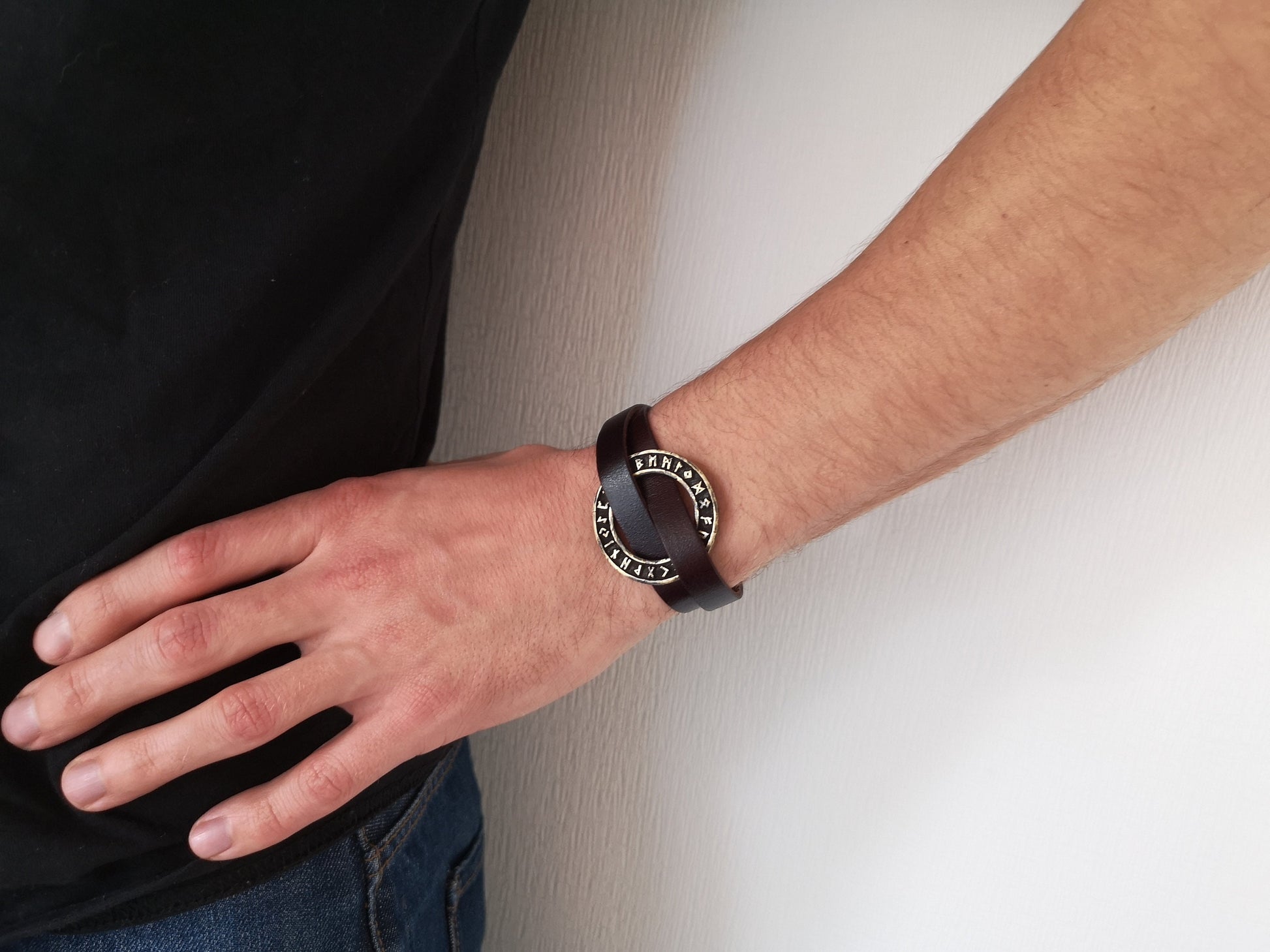 Viking Leather Runic Futhark Bracelet For Men With Stainless Steel Fitting - Baldur Jewelry