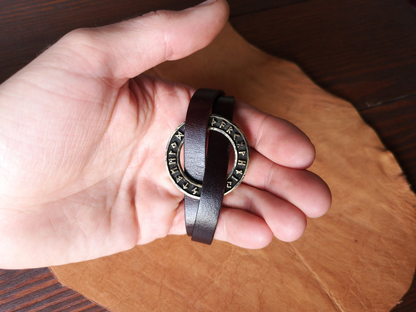 Viking Leather Runic Futhark Bracelet For Men With Stainless Steel Fitting - Baldur Jewelry