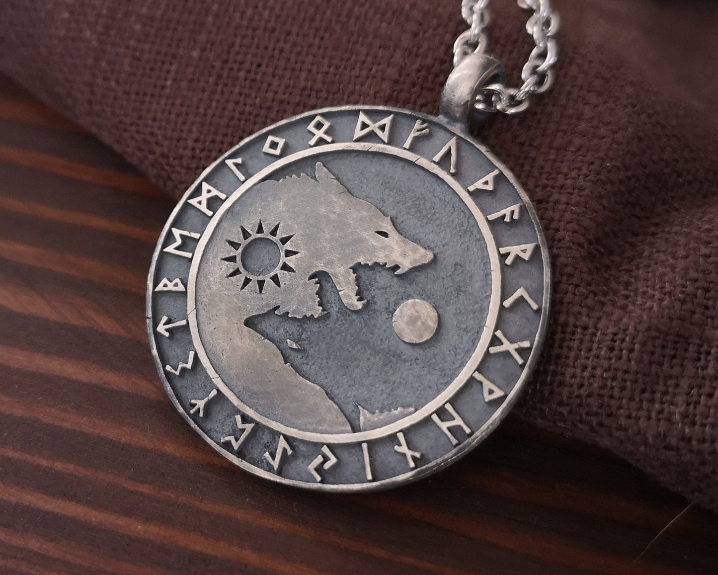 Wolf Necklace Viking Wolves Skoll and Hati Chasing Sun and Moon Balance In Life - Full Set Futhark Runes - Algiz Tiwaz Fenrir Pendant - Baldur Jewelry