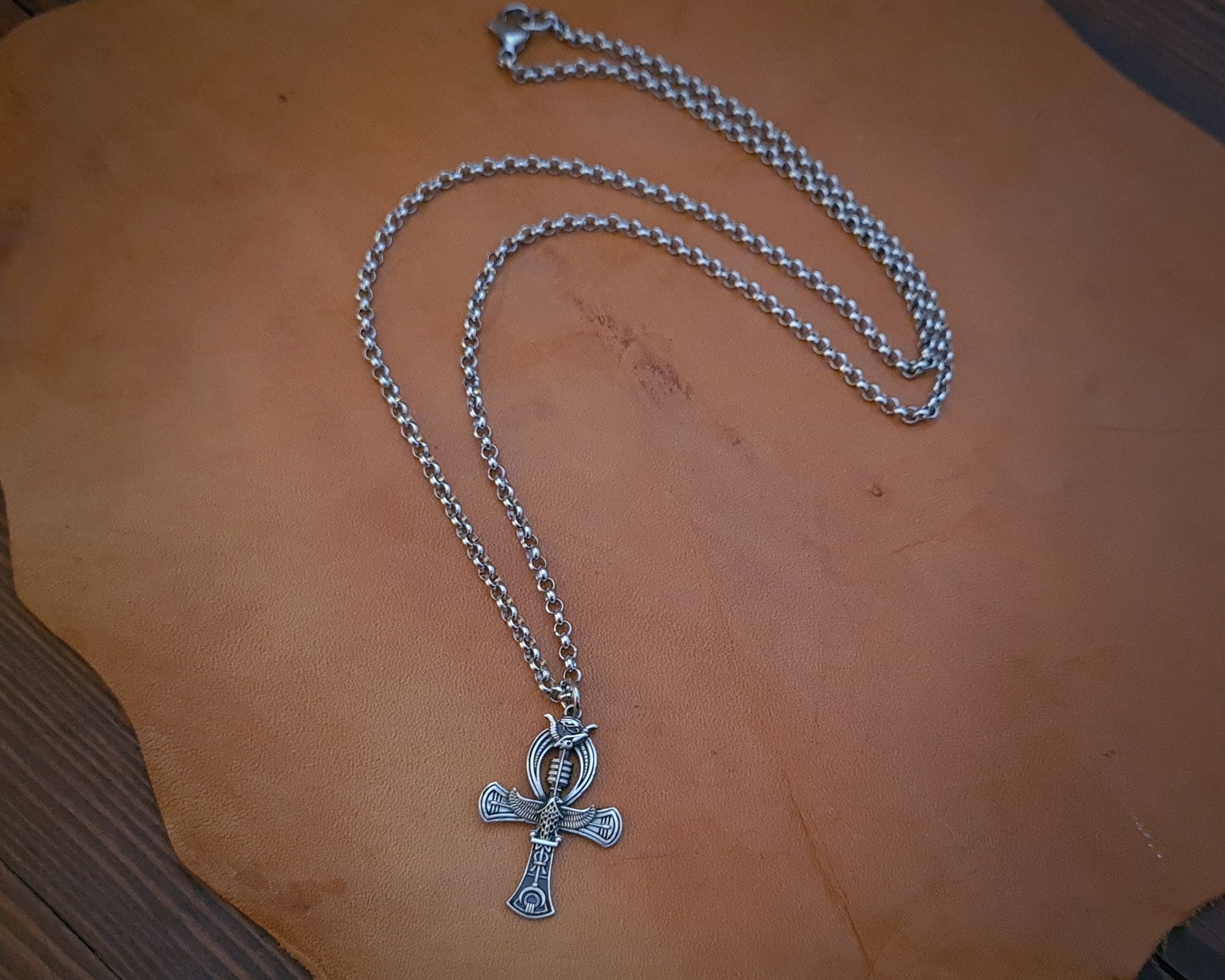 Sterling Silver Egyptian Ankh Cross Bird Falcon Pharaoh Necklace Pendant Chain Charm - Baldur Jewelry