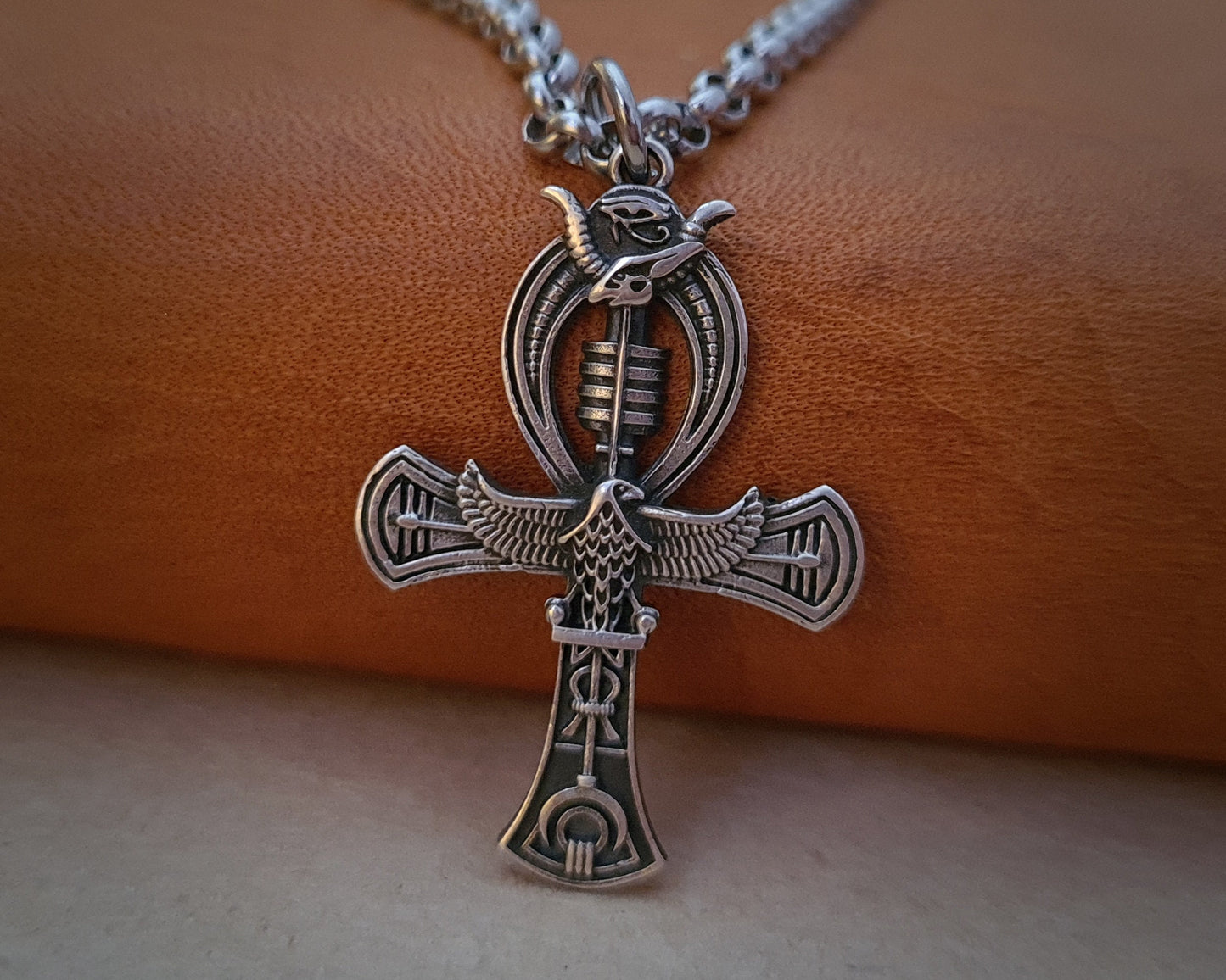 Sterling Silver Egyptian Ankh Cross Bird Falcon Pharaoh Necklace Pendant Chain Charm - Baldur Jewelry