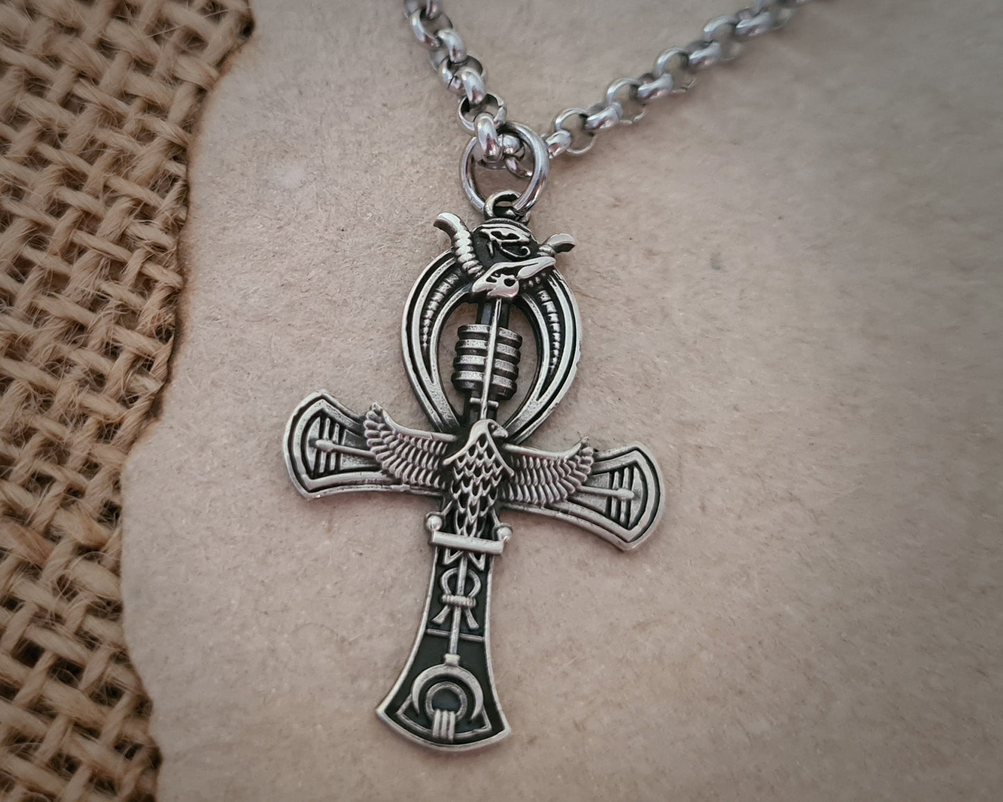Sterling Silver Egyptian Ankh Cross Bird Falcon Pharaoh Necklace Pendant Chain Charm - Baldur Jewelry
