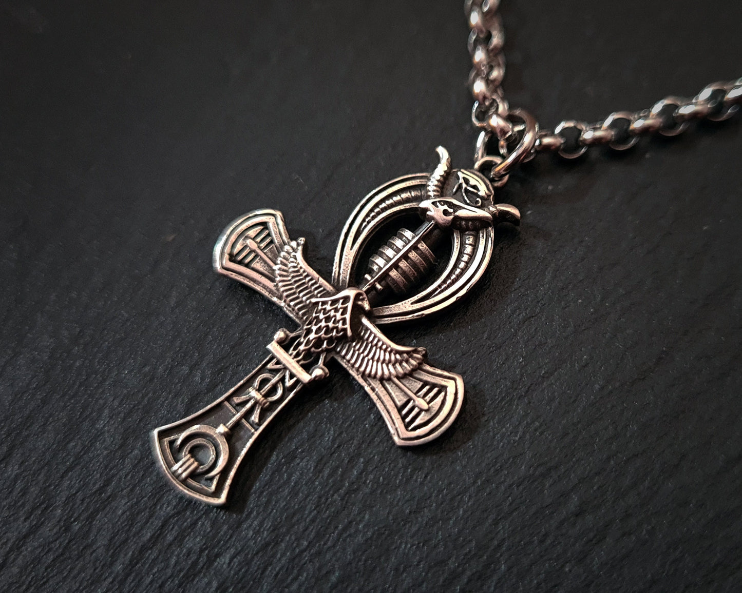 Sterling Silver Egyptian Ankh Cross Bird Falcon Pharaoh Necklace Pendant Chain Charm - Baldur Jewelry