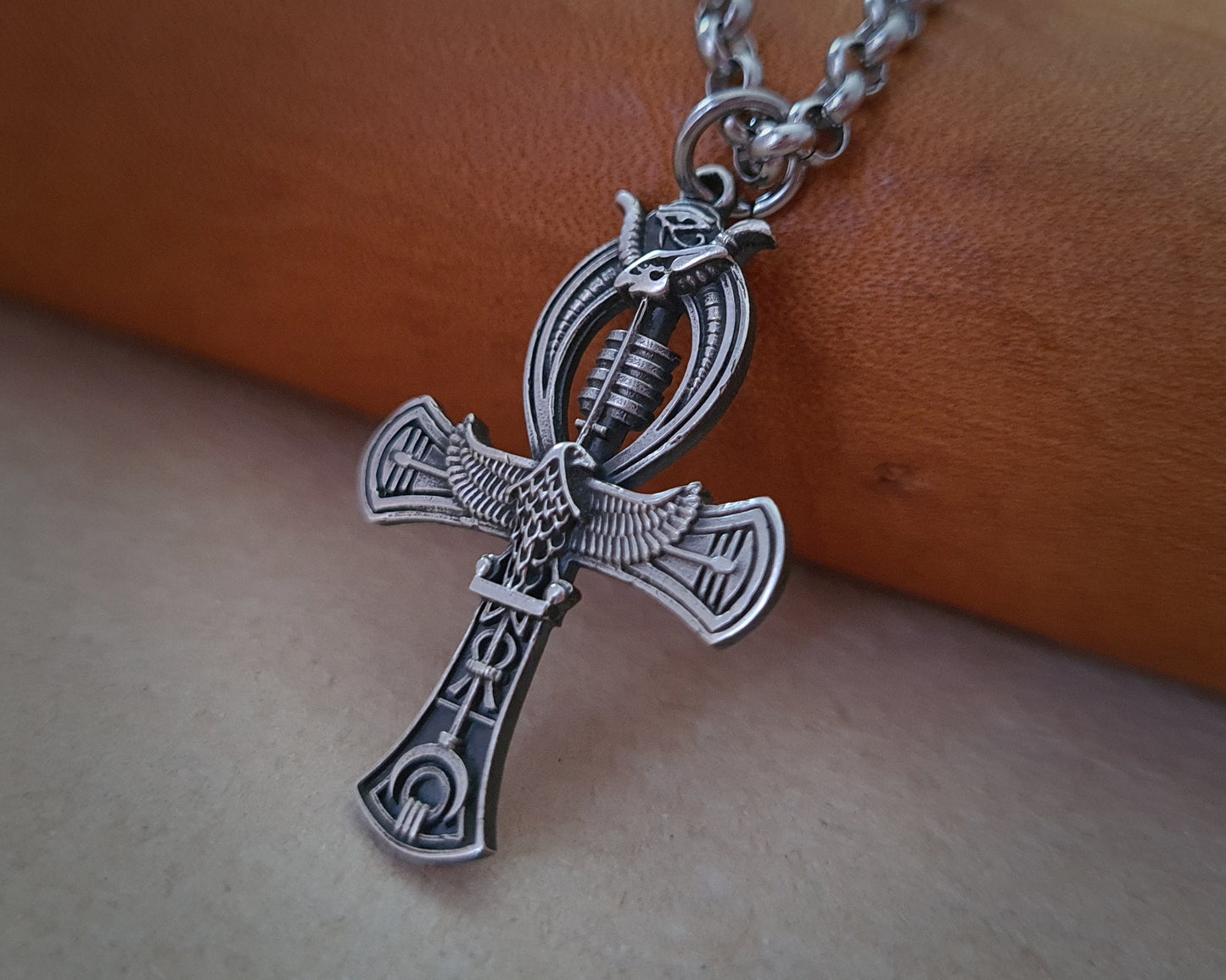Sterling Silver Egyptian Ankh Cross Bird Falcon Pharaoh Necklace Pendant Chain Charm - Baldur Jewelry
