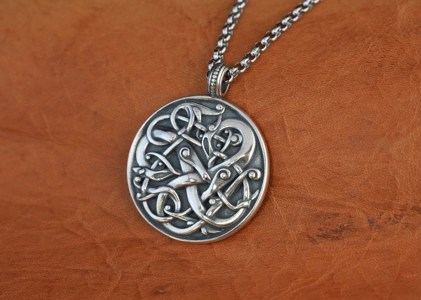 Viking Norse Urnes Dragon Snake Silver Pendant Necklace Amulet Ancient Jewelry for Men Women with Chain - Baldur Jewelry