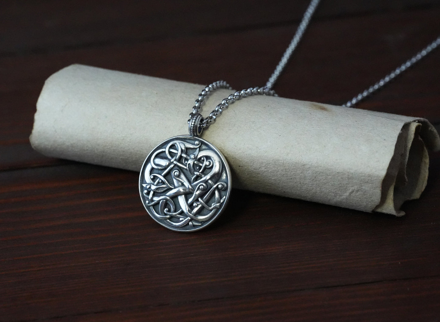 Viking Norse Urnes Dragon Snake Silver Pendant Necklace Amulet Ancient Jewelry for Men Women with Chain - Baldur Jewelry