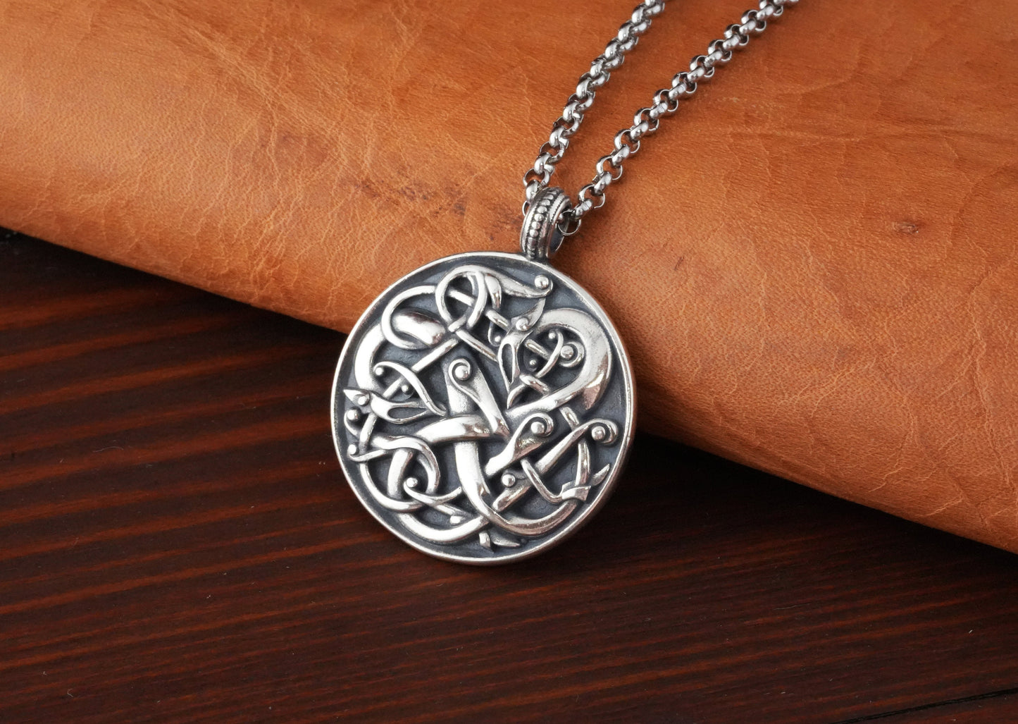 Viking Norse Urnes Dragon Snake Silver Pendant Necklace Amulet Ancient Jewelry for Men Women with Chain - Baldur Jewelry