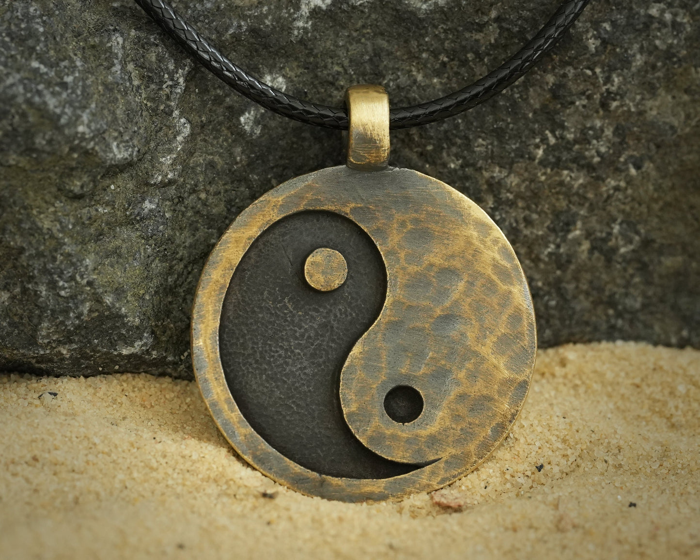 Hand Hammered Ancient Looking Yin Yang Necklace Pendant For Men and Women With Adjustable String - Baldur Jewelry