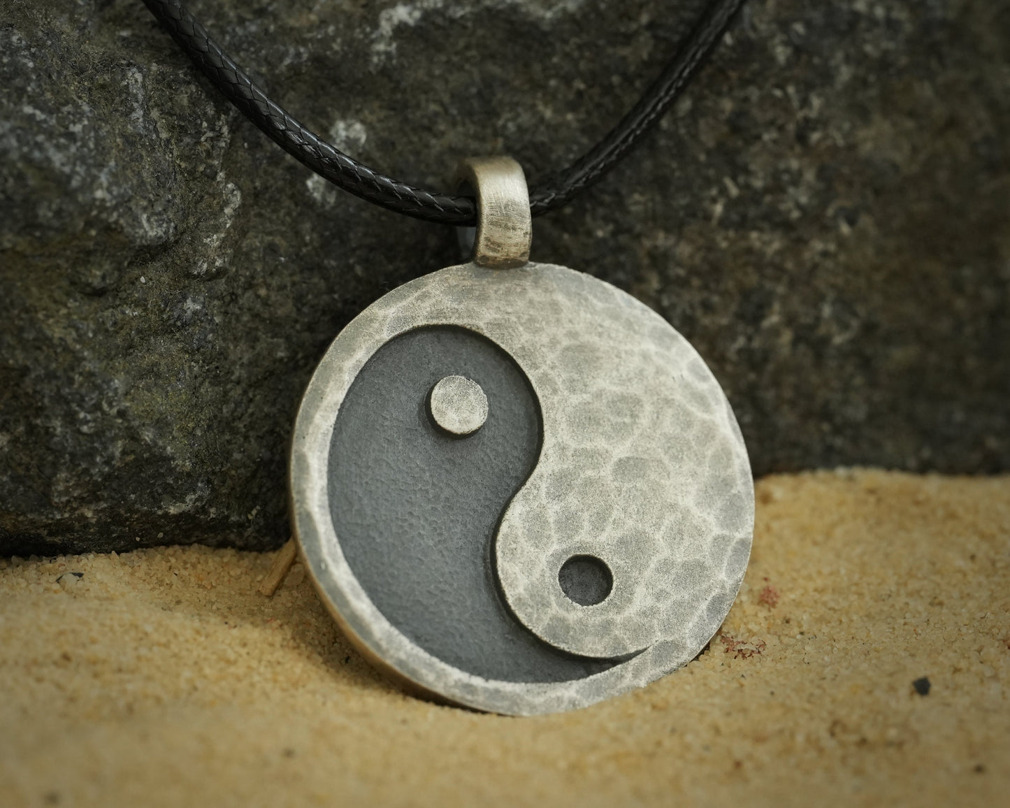 Hand Hammered Ancient Looking Yin Yang Necklace Pendant For Men and Women With Adjustable String - Baldur Jewelry