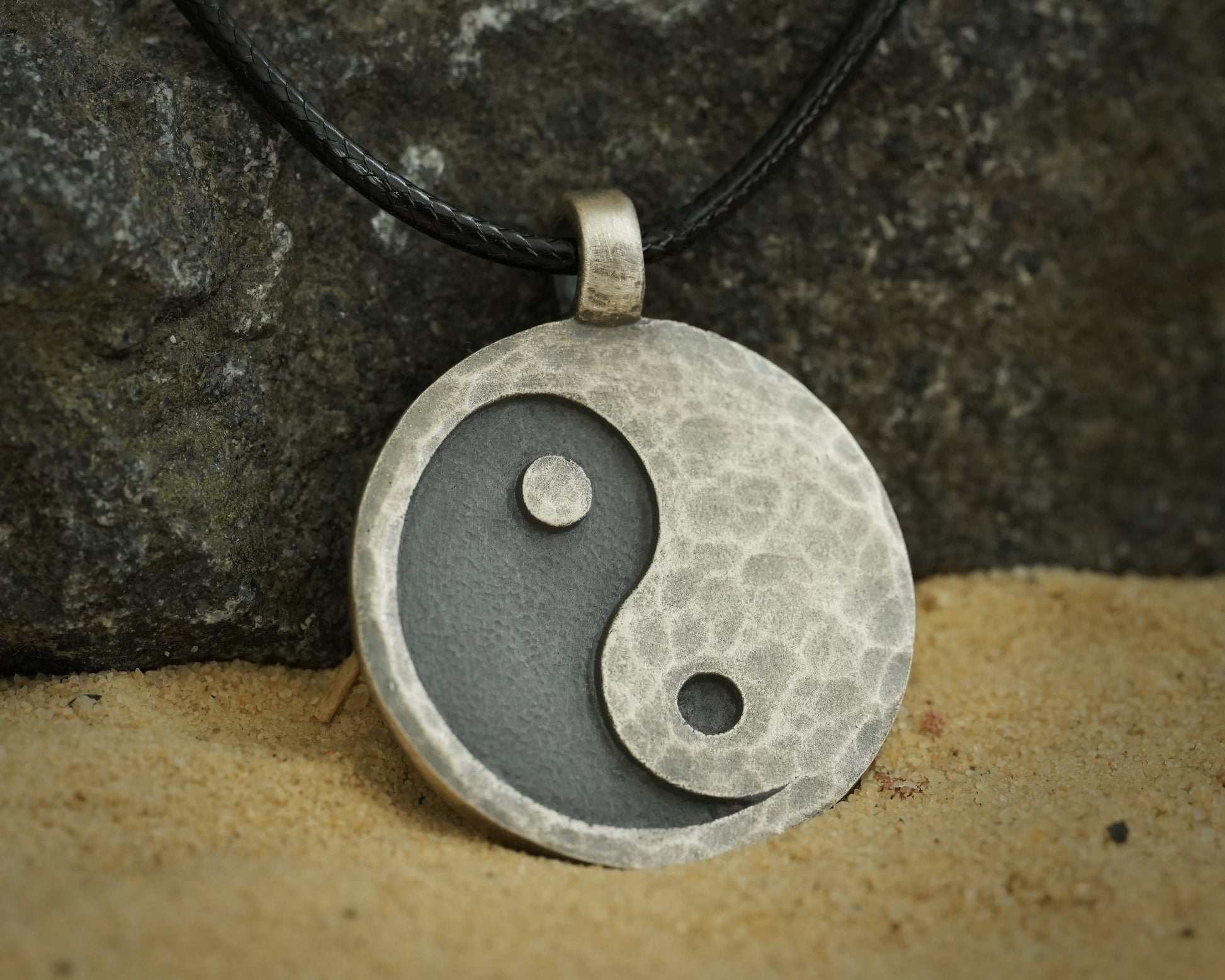 Hand Hammered Ancient Looking Yin Yang Necklace Pendant For Men and Women With Adjustable String - Baldur Jewelry