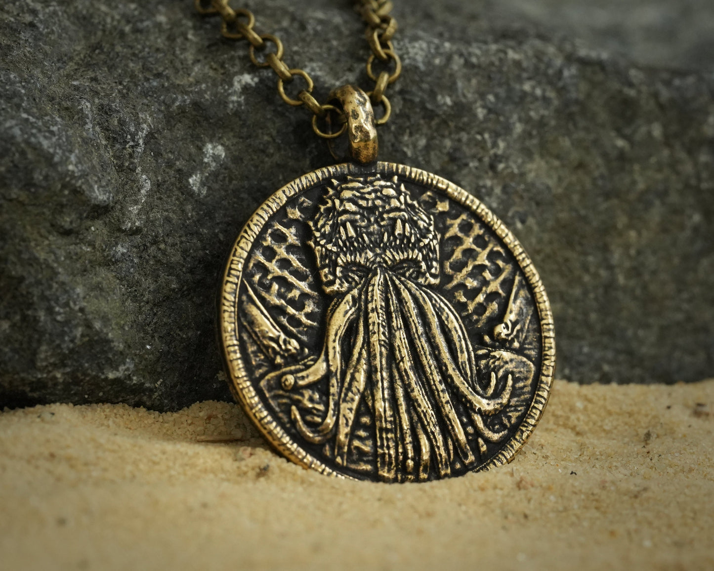 Double Sided Lovecraft Cthulhu Octopus Necklace Pendant With Tentacles Jewelry Amulet Solid Silver / Brass - Baldur Jewelry