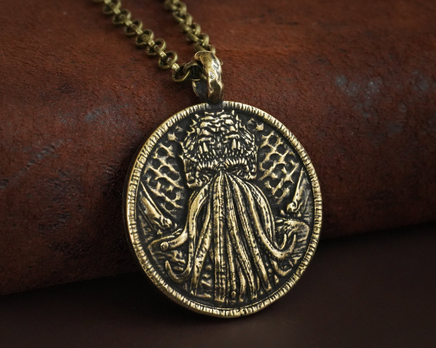 Double Sided Lovecraft Cthulhu Octopus Necklace Pendant With Tentacles Jewelry Amulet Solid Silver / Brass - Baldur Jewelry