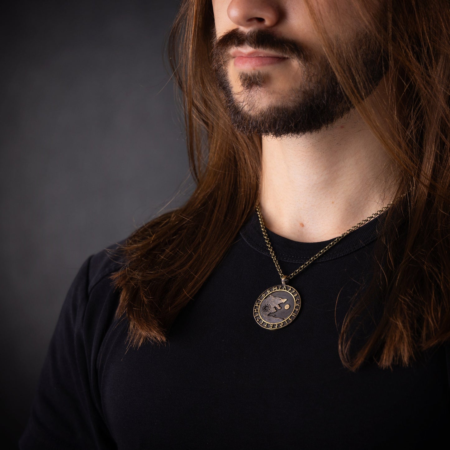 Wolf Necklace Viking Wolves Skoll and Hati Chasing Sun and Moon Balance In Life - Full Set Futhark Runes - Algiz Tiwaz Fenrir Pendant - Baldur Jewelry