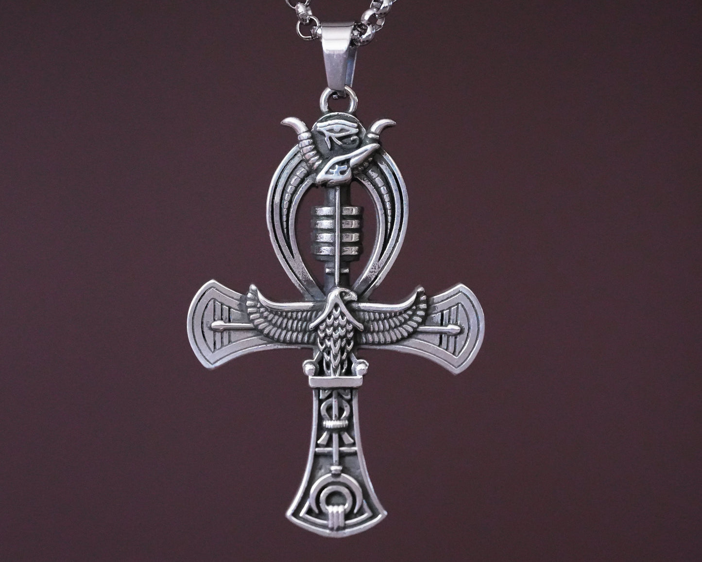 Sterling Silver Egyptian Ankh Cross Bird Falcon Pharaoh Necklace Pendant Chain Charm - Baldur Jewelry