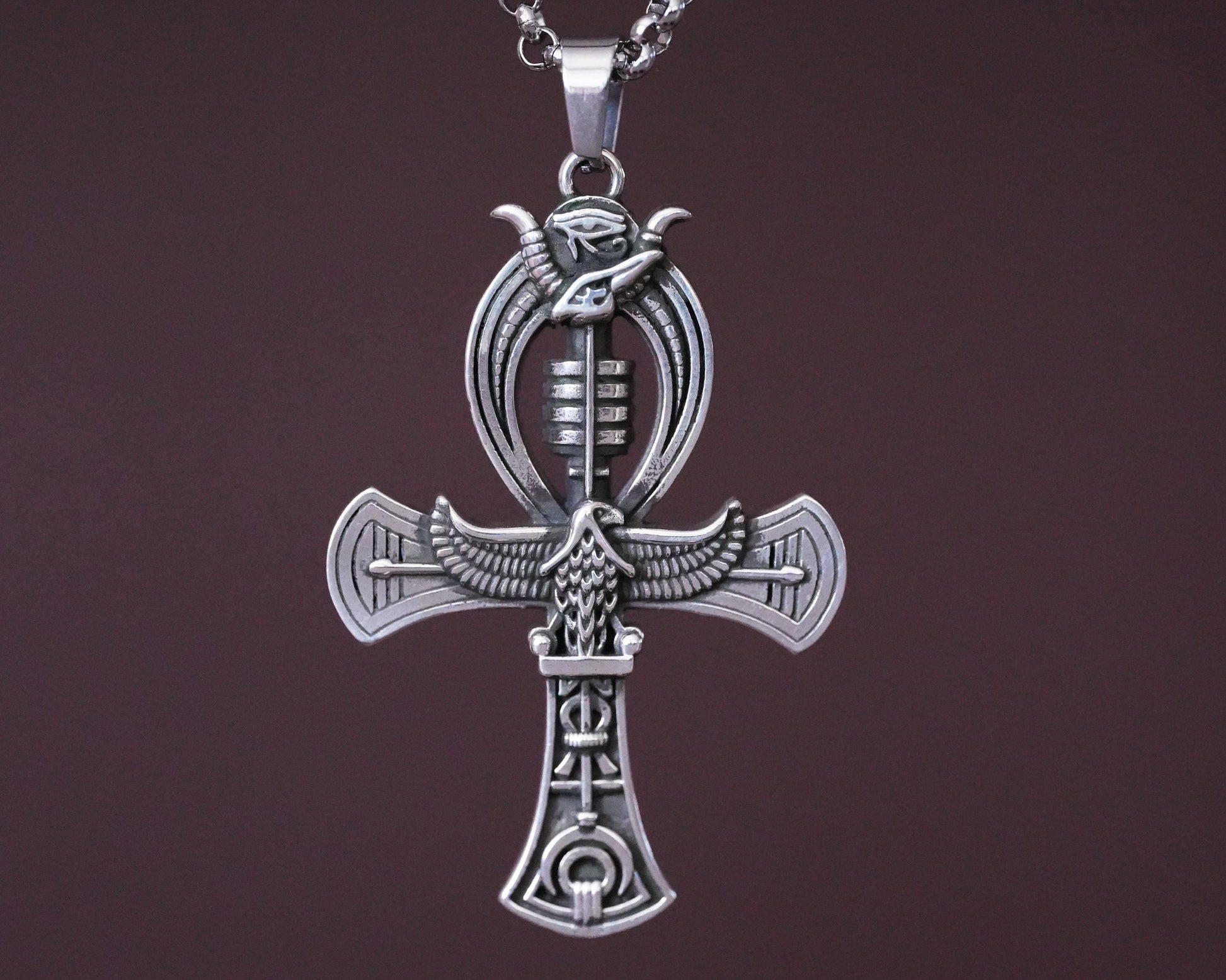 Sterling Silver Egyptian Ankh Cross Bird Falcon Pharaoh Necklace Pendant Chain Charm - Baldur Jewelry