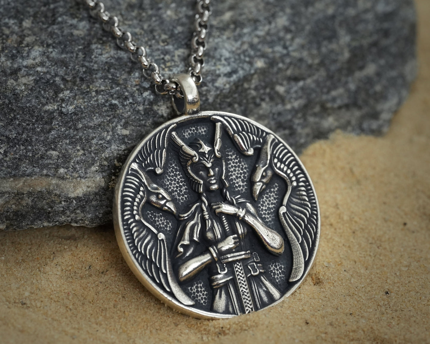 Viking Guardian Goddess Freya Valkyrie Shieldmaiden Necklace - Norse Odin Ravens Huginn Muninn - Protective Pendant With 22 Inch Chain