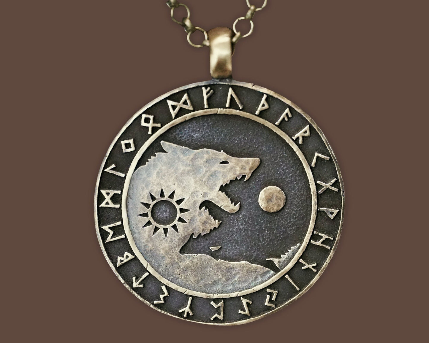 Wolf Necklace Viking Wolves Skoll and Hati Chasing Sun and Moon Balance In Life - Full Set Futhark Runes - Algiz Tiwaz Fenrir Pendant - Baldur Jewelry