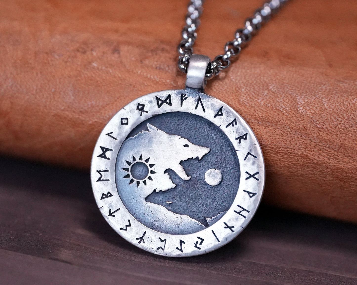 Viking Yin Yang Wolf Necklace Wolves Skoll and Hati Chasing Sun and Moon Balance In Life - Full Set Futhark Runes - Algiz Tiwaz Fenrir - Baldur Jewelry
